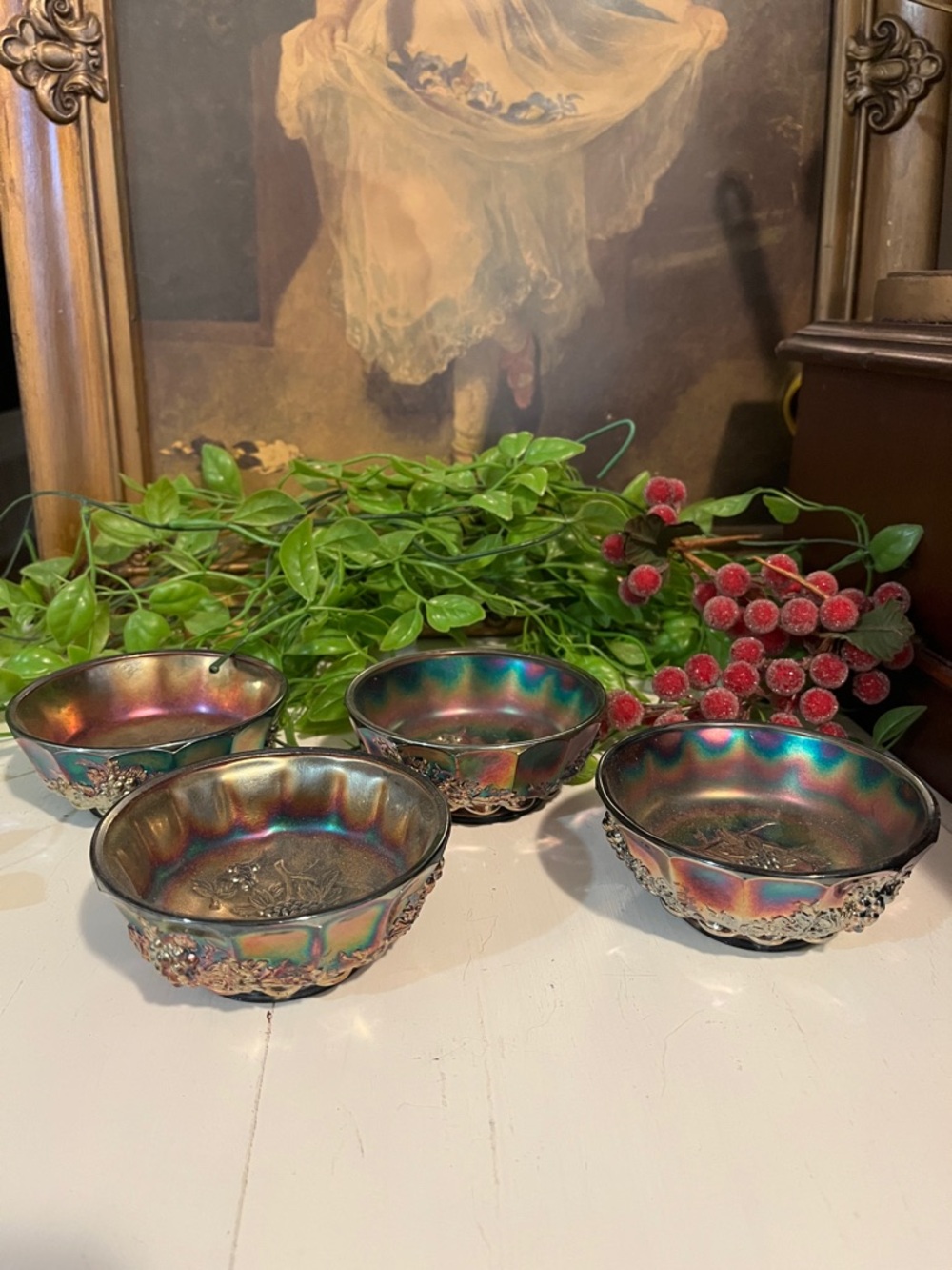 (4) CARNIVAL GLASS Bowls - Nuts Mints Berries - RARE St Clair COBALT BLUE ‘1971’
